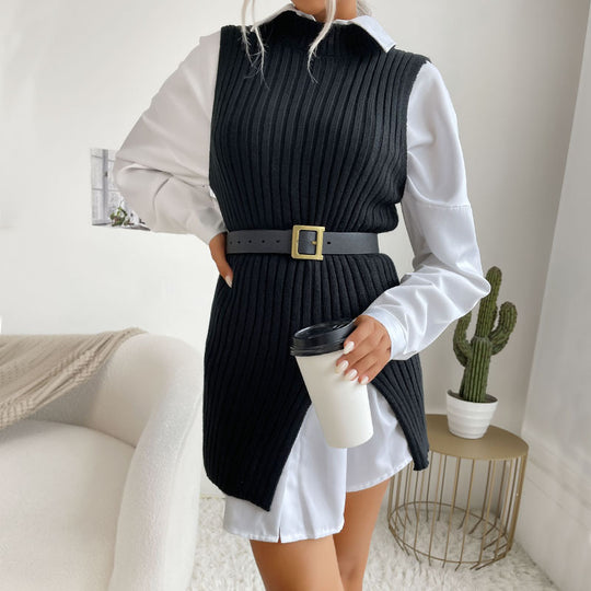 Damen Strickkleid mit Taillengürtel und seitlichen Schlitzen EB