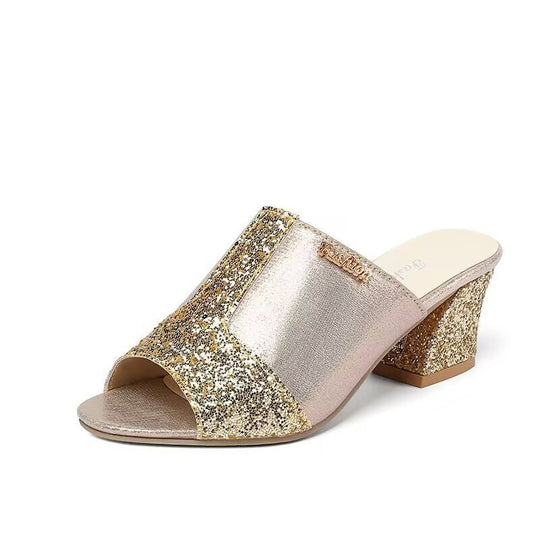 Damen nan elegante offene Pantolette mit feinem Netz, funkelnden Applikationen und mittelhohem Blockabsatz EB