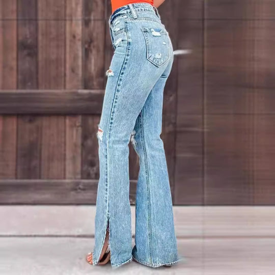 Damen Flared Jeans mit Distressed-Effekten und seitlichen Schlitzen EB