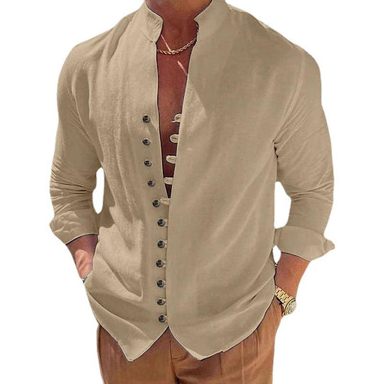 Herren nan Leinenoptik Sommerliches Freizeithemd mit Stehkragen, dekorativer Knopfleiste und krempelbaren Ärmeln EB