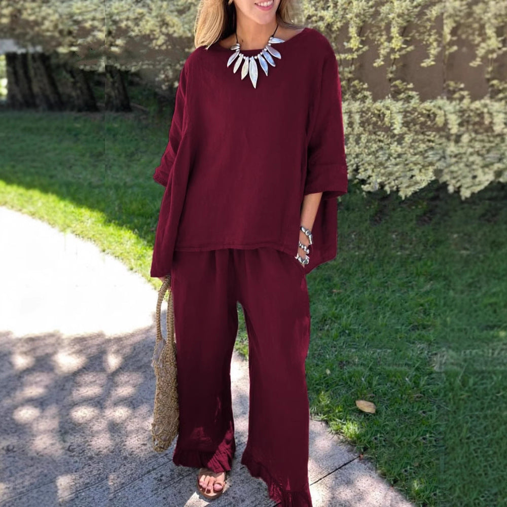 Damen lässiges Leinen-Outfit mit weitem Schnitt und angeschnittenen Ärmeln EB