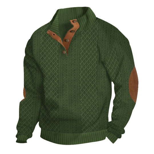 Herren nan gehobener Strickpullover mit Rautenmuster, hohem Rippkragen, knöpfbarer Latzleiste und Lederbesatz an Ellenbogen EB