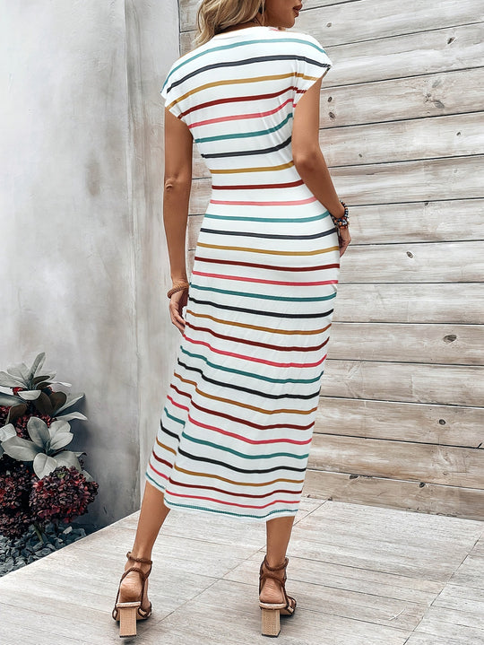 Damen Maxikleid mit Schleifenbindung und gestreiftem Design EB