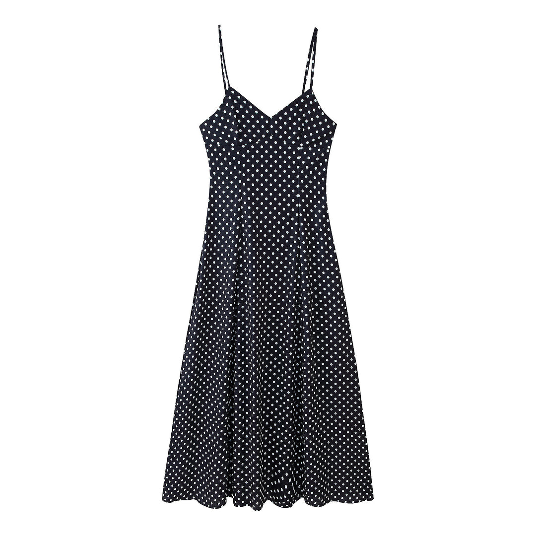 Damen Midikleid mit zarten Spaghetti-Trägern und verspieltem Polka-Dots-Design EB