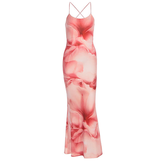 Damen langes Kleid mit floralem Design und Spaghettiträgern EB