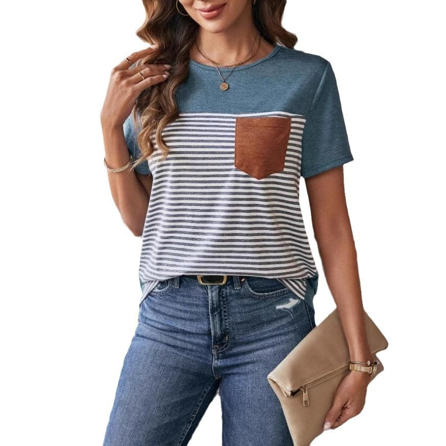 Damen Trendiges T-Shirt mit gestreiftem Design und Leder-Tasche EB