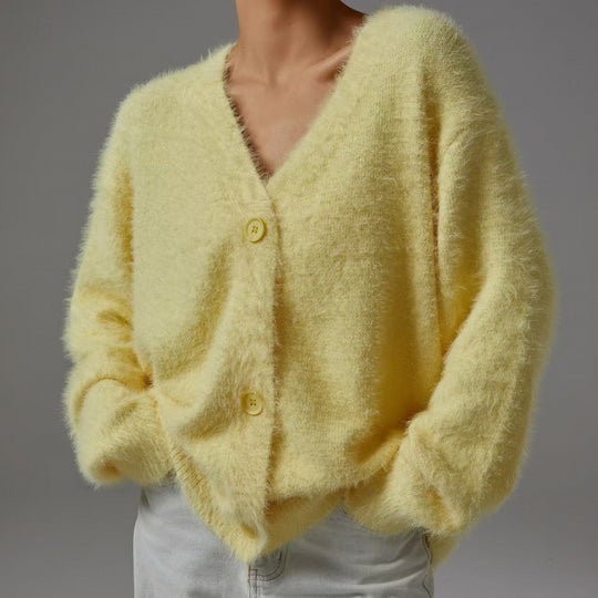 Damen flauschiger Cardigan mit V-Ausschnitt und übergroßem Schnitt EB