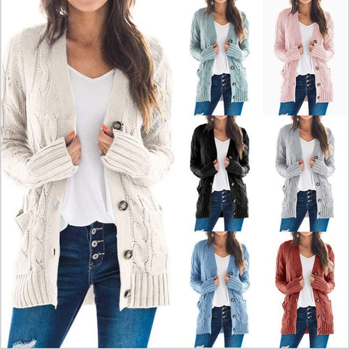 Damen Strickjacke mit Kabelmustern und großen Knöpfen EB