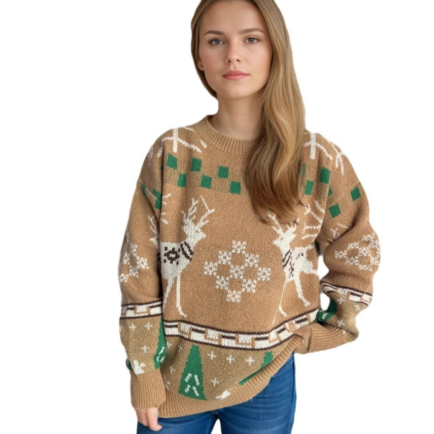 Damen gemusterter Weihnachtspullover mit festlichem Rentierdesign und Oversize-Schnitt EB