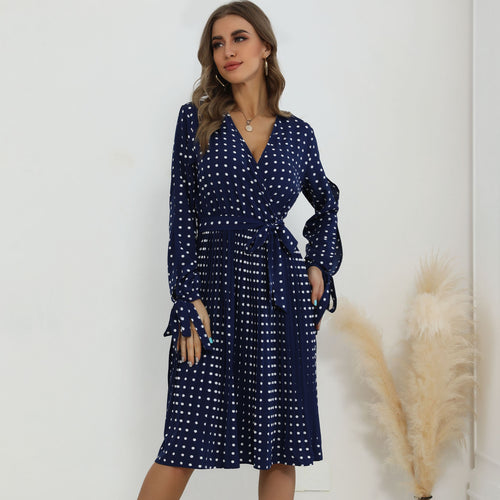 Damen Wickelkleid mit Punktmuster und langem Ärmel EB
