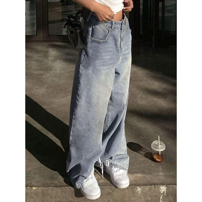 Damen weite High-Waist Jeans mit dekorativen Taschen EB