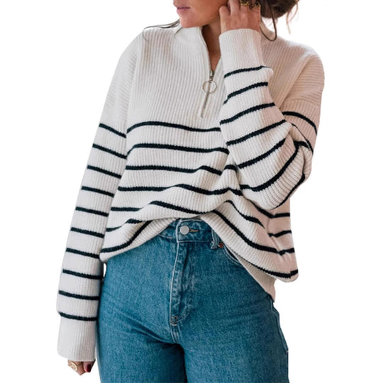 Damen gestreifter Pullover mit halbem Reißverschluss EB