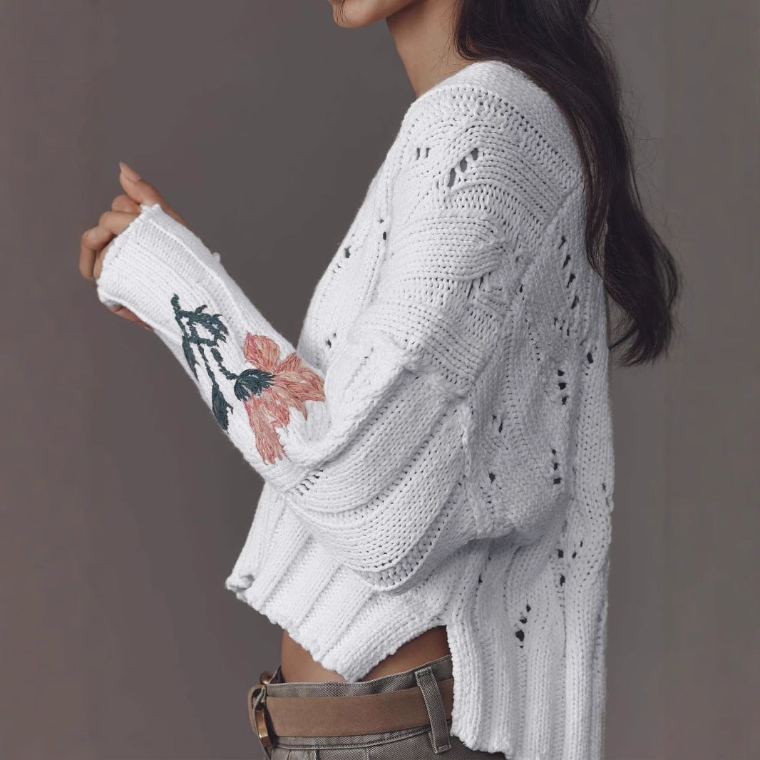 Damen Strickpullover mit floralem Design und V-Ausschnitt EB