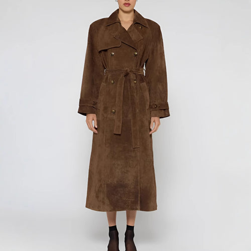 Damen Eleganter Knie-langer Trenchcoat aus Wildlederimitat EB