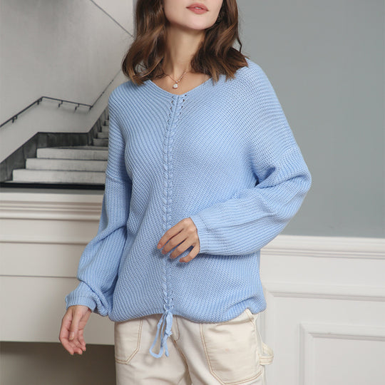 Damen Grobstrick Pullover mit attraktivem V-Ausschnitt und praktischen Kordeldetails EB