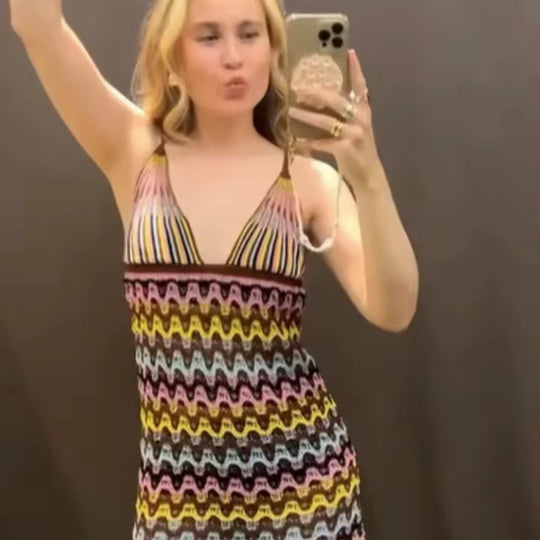 Damen Sommerliches Chiffonkleid mit Wellenmuster und verstellbaren Trägern EB