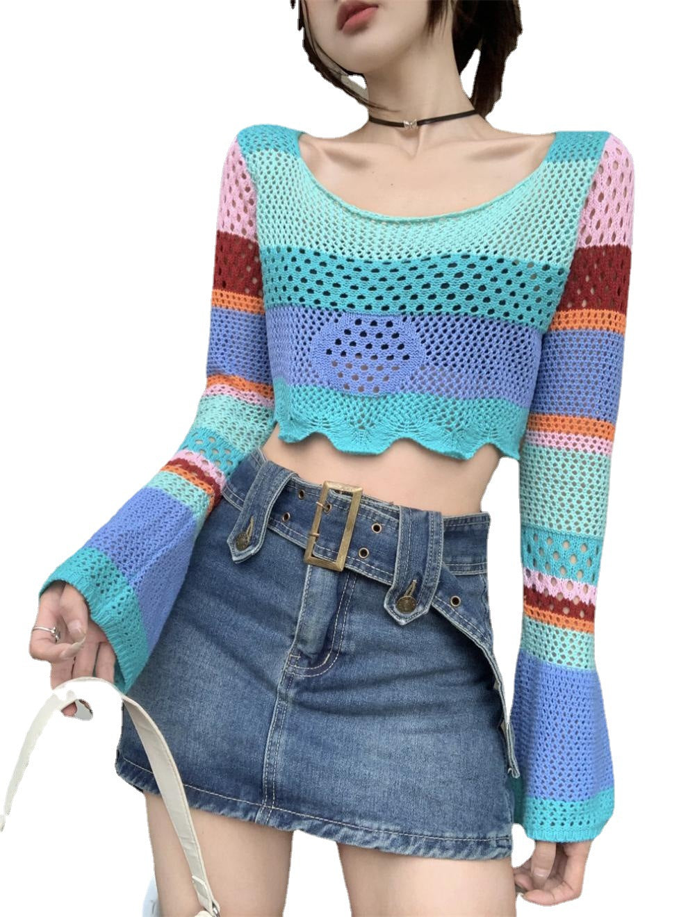 Damen luftiges Strickoberteil mit bunten Lochmuster EB