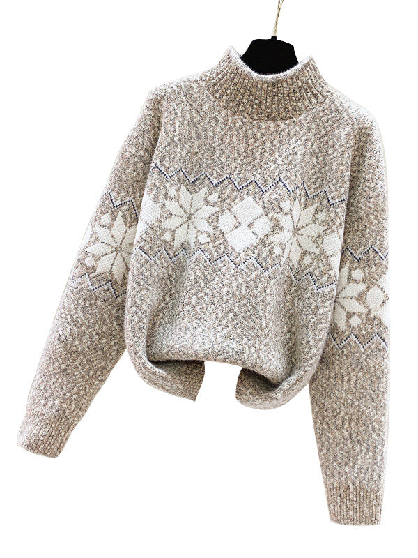 Damen kuscheliger Pullover mit hochgelegtem Kragen und winterlichem Motiv EB