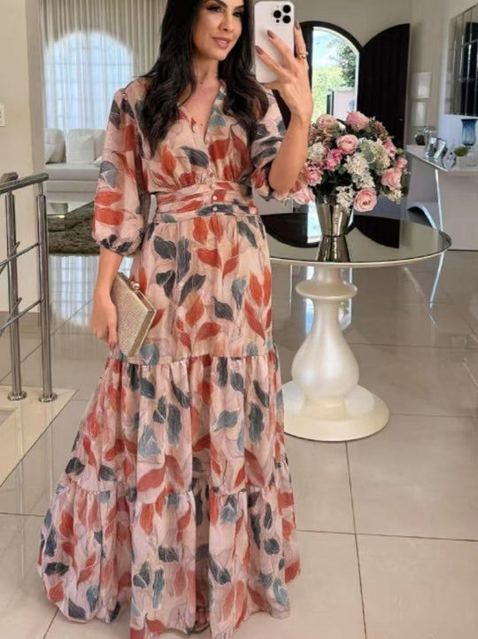 Damen Maxikleid mit buntem Blattmuster und tailliertem Gürtel EB