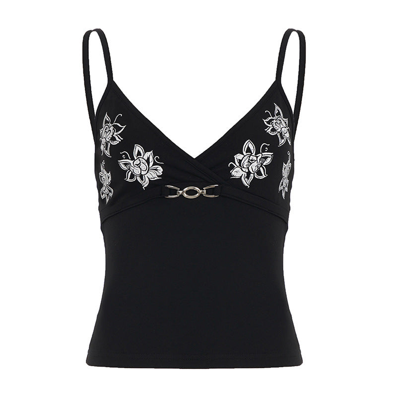 Damen körperbetontes Top mit floralem Design und dekorativem Verschluss EB