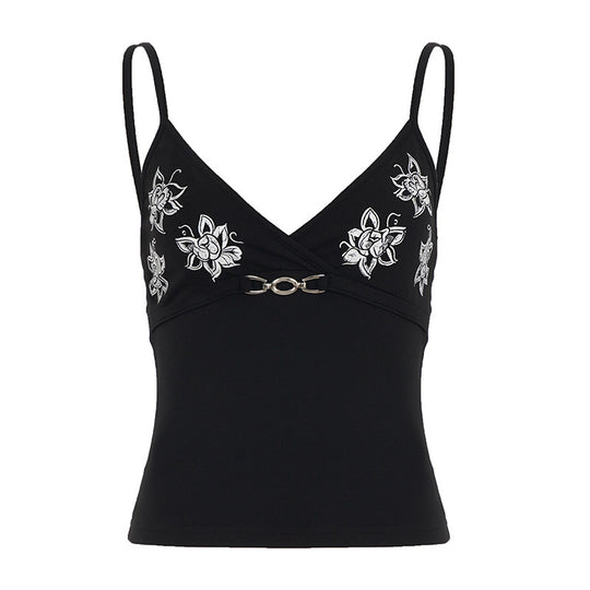 Damen körperbetontes Top mit floralem Design und dekorativem Verschluss EB