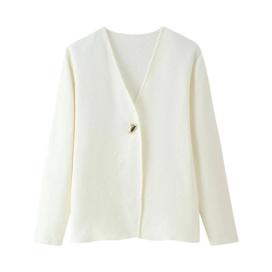 Damen elegante Strickjacke mit V-Ausschnitt und dekorativem Knopf EB