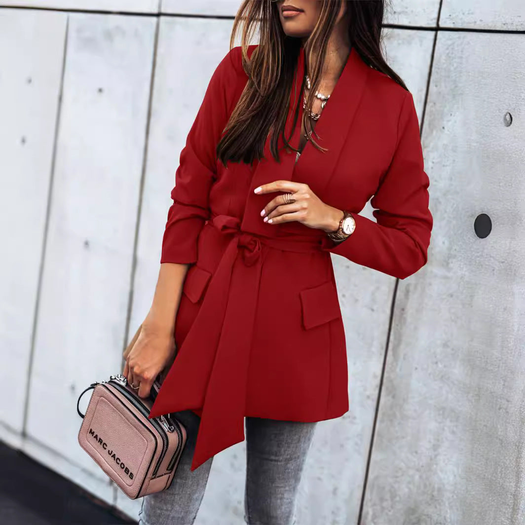 Damen eleganter Taillierter Blazer mit Gürtel und Taschen EB