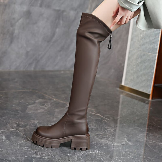 Damen Overknee-Stiefel mit robustem Blockabsatz und elastischem Schaft EB