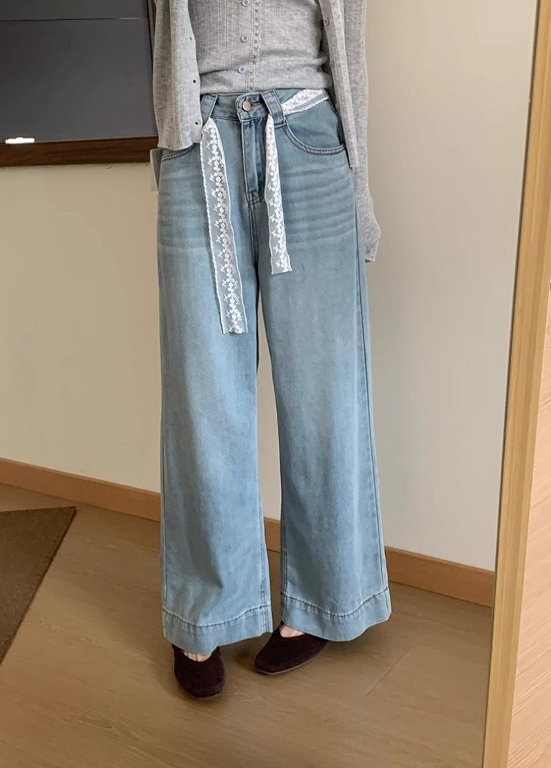 Damen Weite High-Waist Jeans mit dekorativem Kordelzug EB