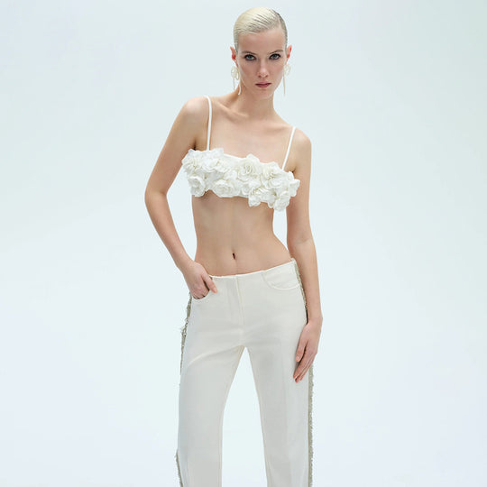 Damen elegantes Oberteil mit floralen Applikationen und schmalem Hosenanzug EB