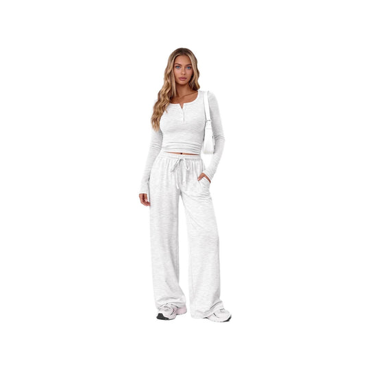 Damen nan Lounge-Set aus Feinstrick mit Henley-Oberteil und weiten Palazzo-Hosen EB