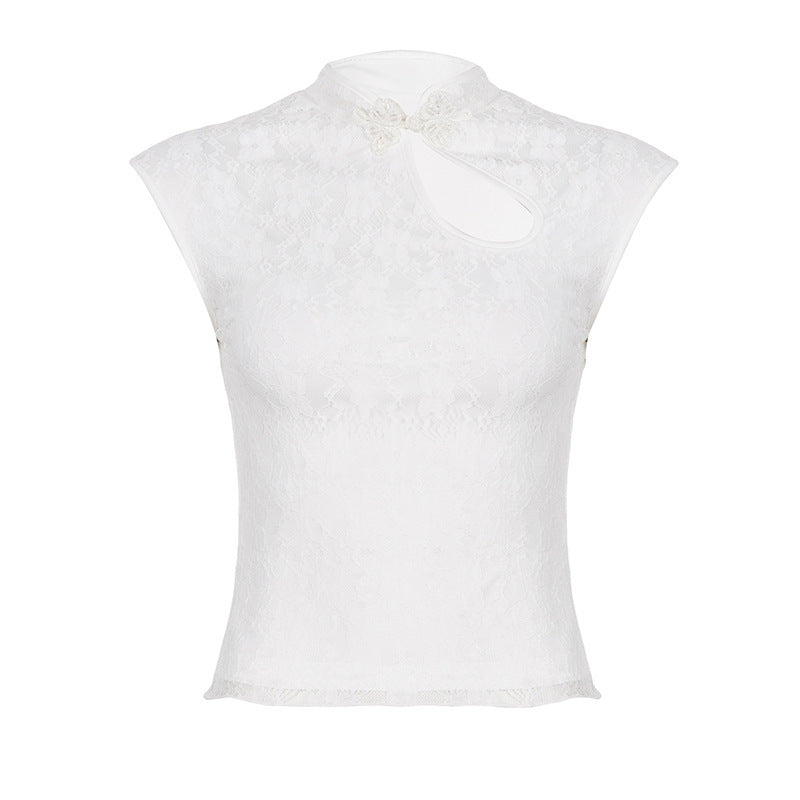 Damen Crop-Top mit floralem Spitzenmuster und raffiniertem Halterneck EB