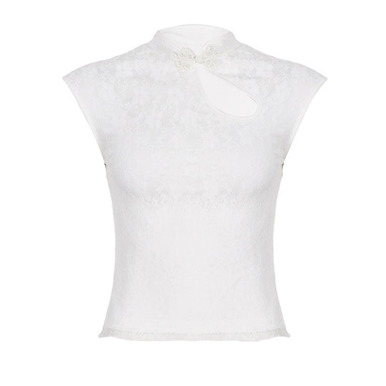 Damen Crop-Top mit floralem Spitzenmuster und raffiniertem Halterneck EB