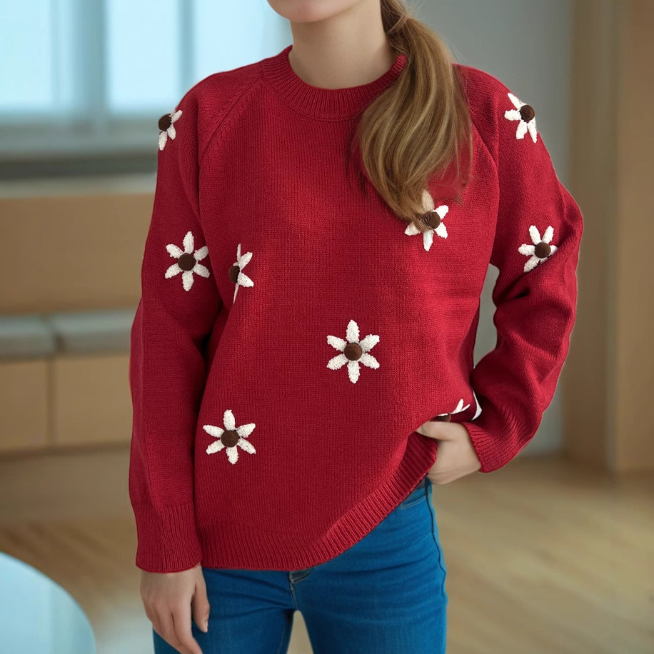 Damen Strickpullover mit floralen Applikationen und lässigem Schnitt EB