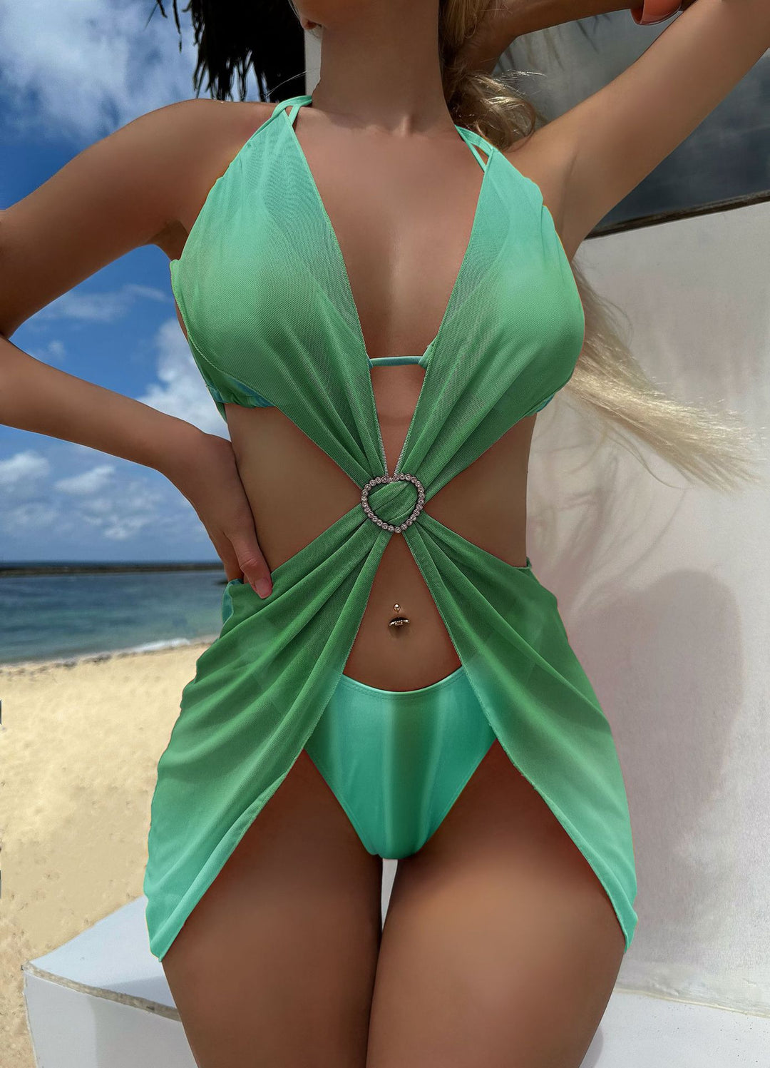 Damen Trendiges Zwei-in-Eins-Bikini-Set mit modischem Wickelrock EB