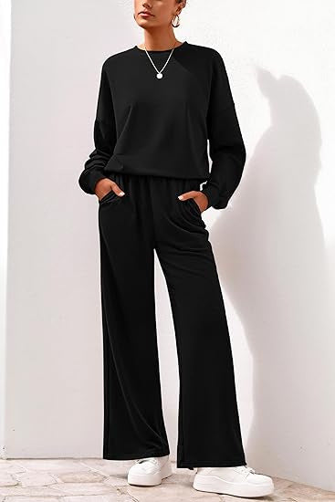 Damen Komfortabler Sweatsuit mit weitem Bein und lässigem Schnitt EB