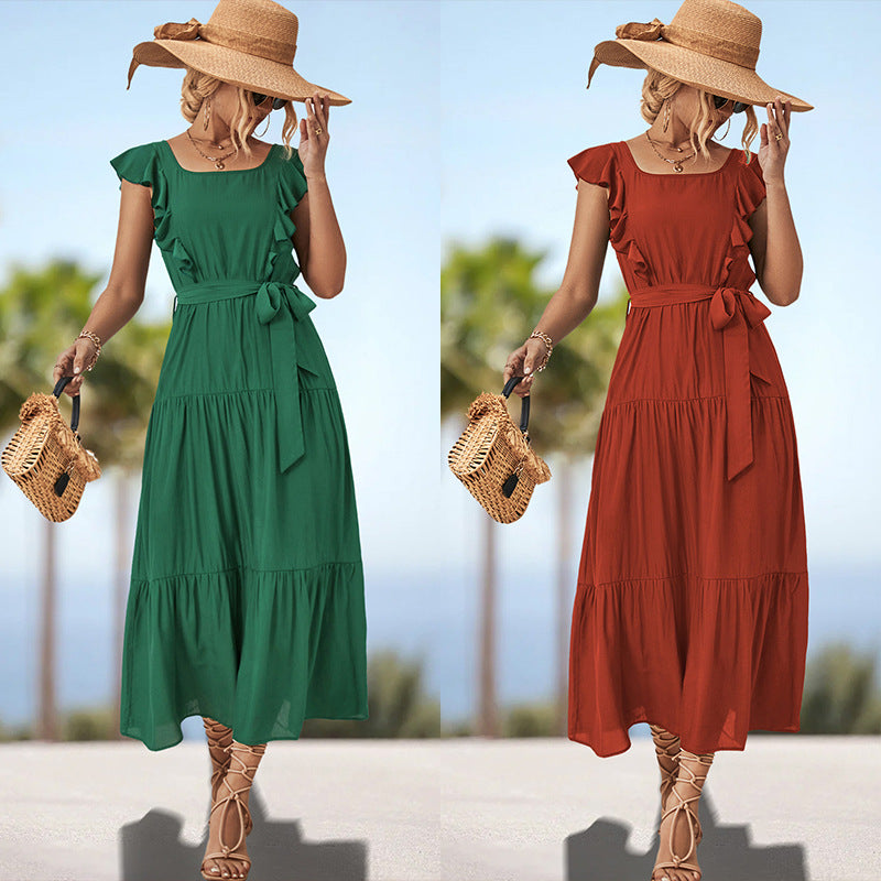 Damen Maxikleid mit Rüschendetails und tailliertem Gürtel EB