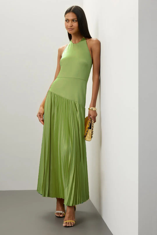 Damen Elegantes Maxi-Kleid mit fließendem Faltenrock und Halterneck-Design EB