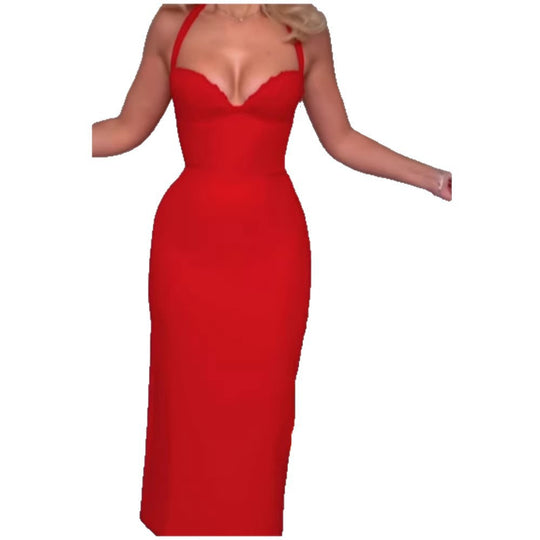 Damen figurbetontes Midi-Kleid mit tiefem Ausschnitt und trägerlosem Design EB