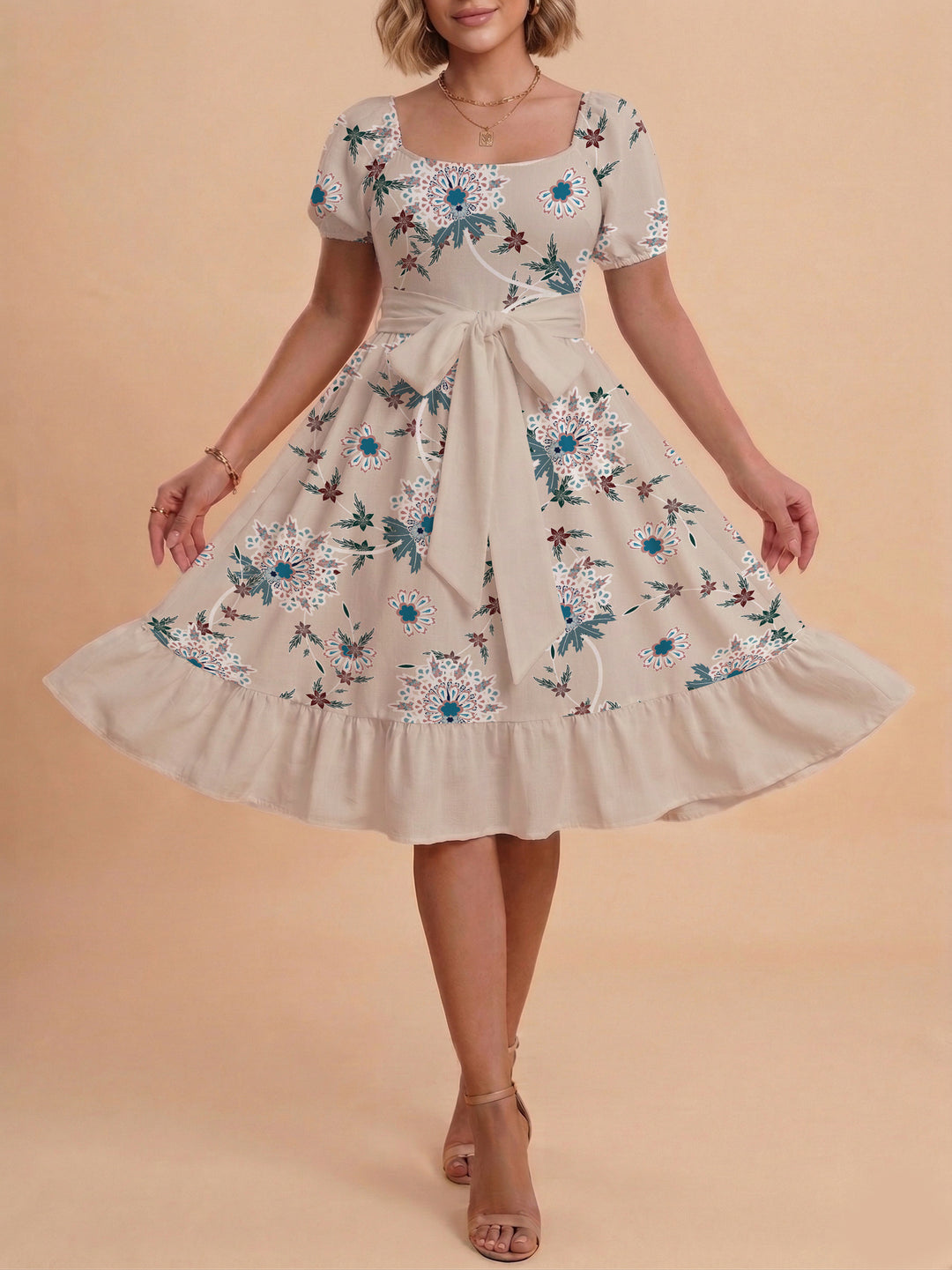 Damen Blumenkleid mit taillierbarem Gürtel und voluminösen Ärmeln EB