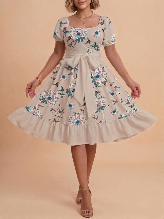 Damen Blumenkleid mit taillierbarem Gürtel und voluminösen Ärmeln EB