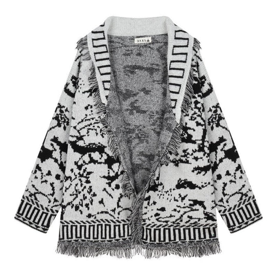 Damen Fransen-Strickjacke mit grafischem Muster und offenen Vorderteilen EB