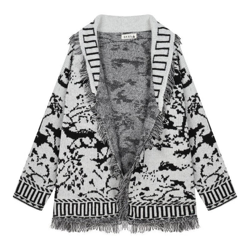 Damen Fransen-Strickjacke mit grafischem Muster und offenen Vorderteilen EB