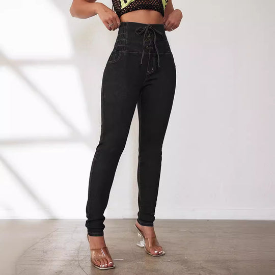 Damen Hochtaillierte Jeans mit verstellbarem Kordelzug und taillierter Passform EB