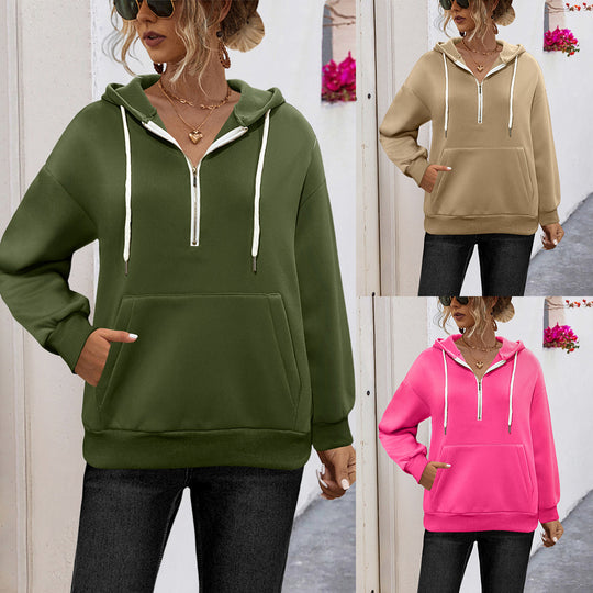 Damen Kapuzenpullover mit halbem Reißverschluss und praktischer Kängurutasche EB