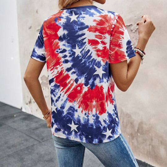 Damen Kurzarm T-Shirt mit knöpfbarem Ausschnitt und verspieltem Batik-Design EB