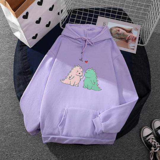 Damen nan Kapuzenpullover mit niedlicher Dinosaurierpärchen‑Illustration, Oversize‑Schnitt und Kängurutasche EB