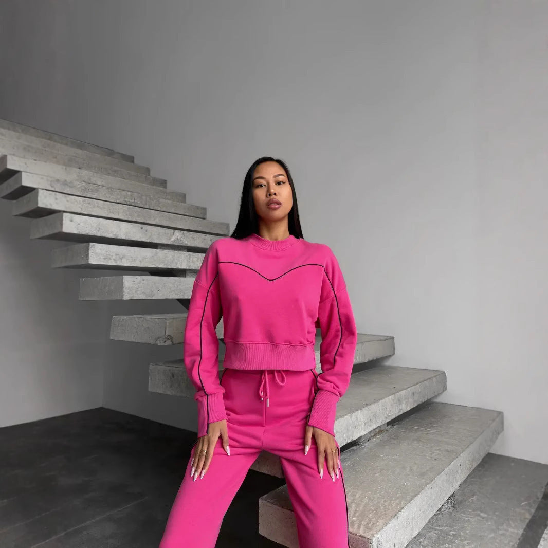 Damen kurzes Oversize-Sweatshirt mit Kordelzug-Jogginghose und Kontrastnähten EB
