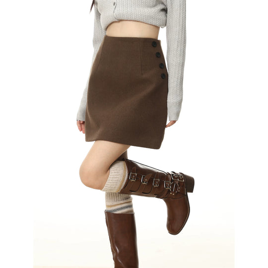 Damen nan A-Linien-Minikrock mit hohem Bund und seitlicher Knopfleiste aus Wollmix EB