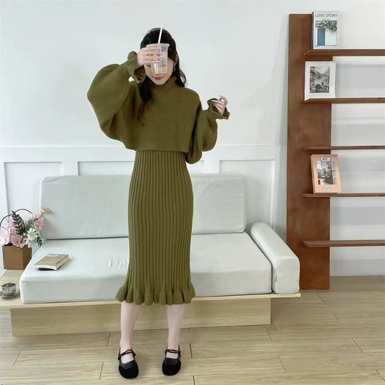 Damen Strickkleid mit hochgeschlossenem Kragen und Rippstruktur EB